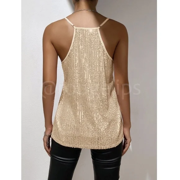 Sequin Detail Champagne Gold Cami Top - Picture 3 of 10